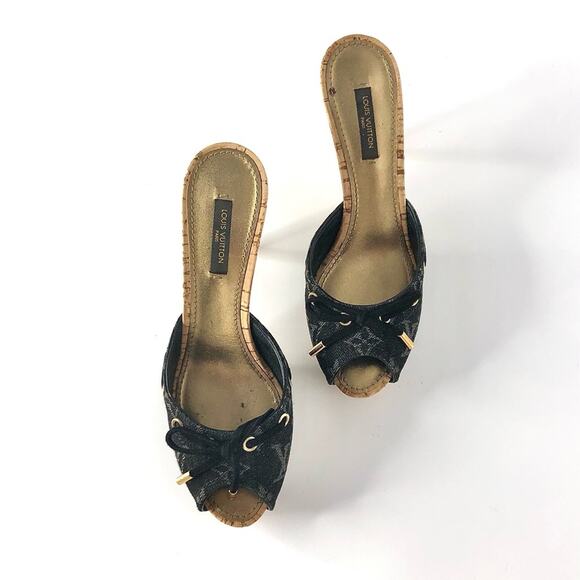 Louis Vuitton Retro Vintage Monogram Bow Denim Slides Mules Sandals 36.5 - Picture 2 of 11